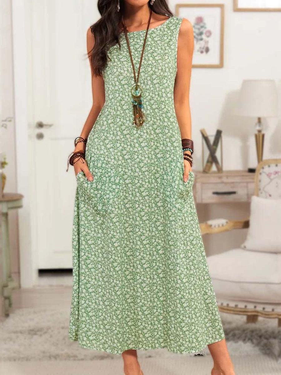 Casual Floral Print Crew Neck Sleeveless Maxi Dress