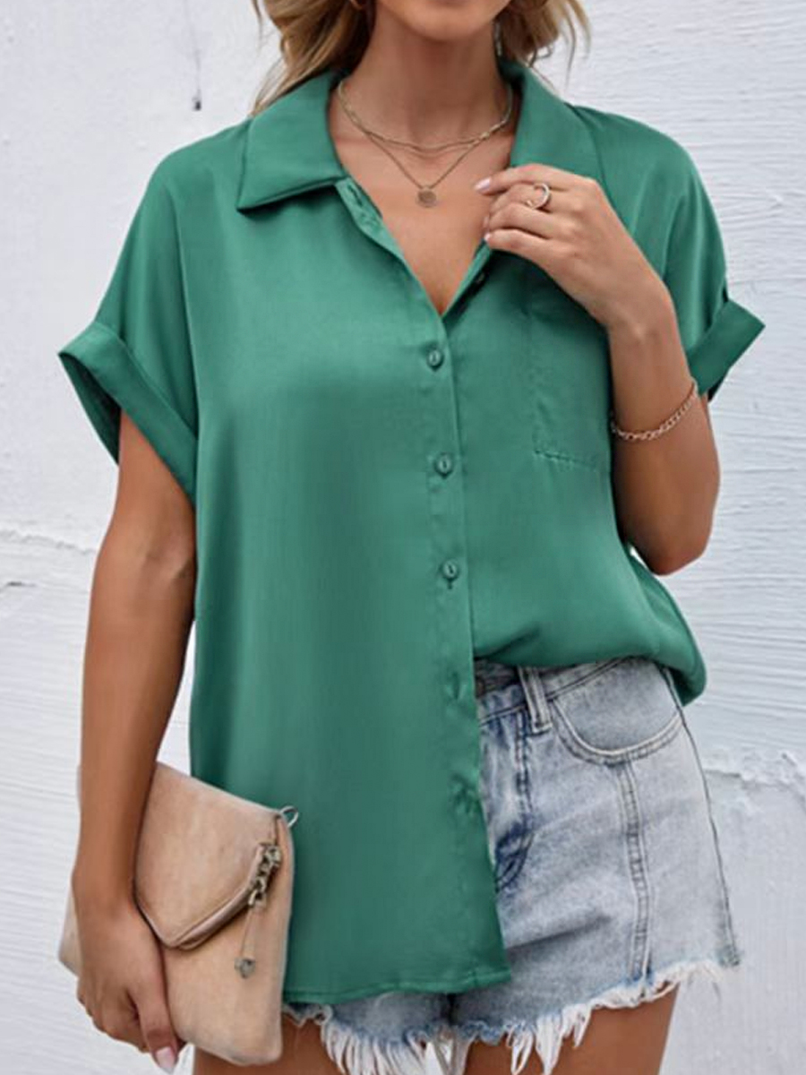 Casual Solid Color Lapel Loose Short Sleeve Shirt