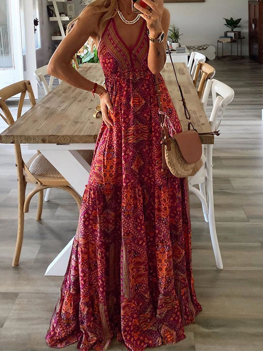 Casual Ethnic Print V Neck Slip Beach Maxi Dress
