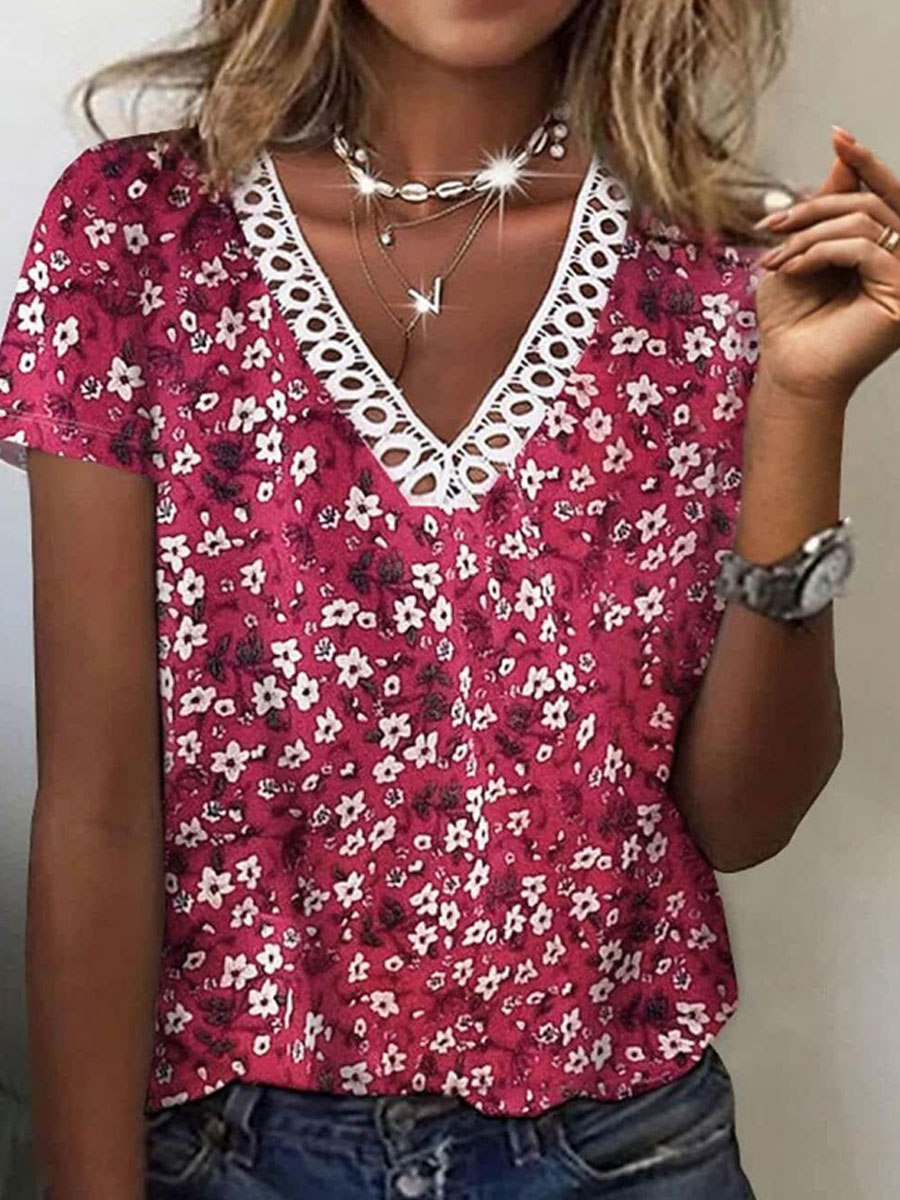 V neck Cutout Casual Loose Marble Print Short Sleeve T shirt