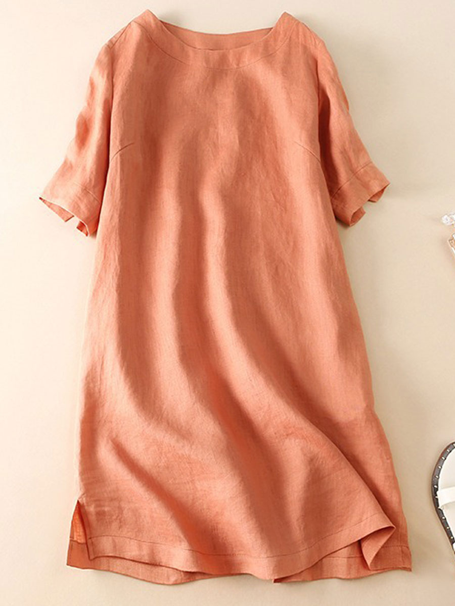 Round Neck Casual Loose Pure Summer Color Short Sleeve Short Dress