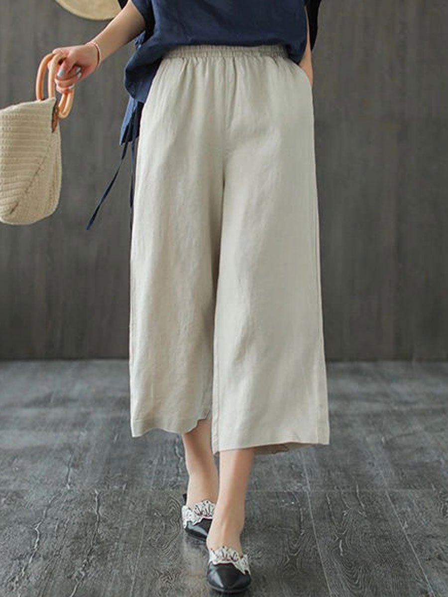 Casual Loose Solid Color Elastic Waist Wide Leg Pants