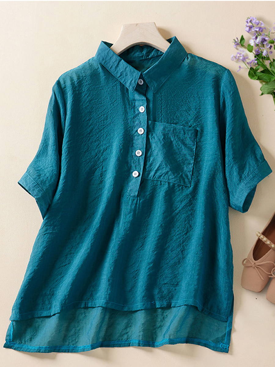 Casual Vintage Cotton Linen Lapel Short Sleeve Blouse