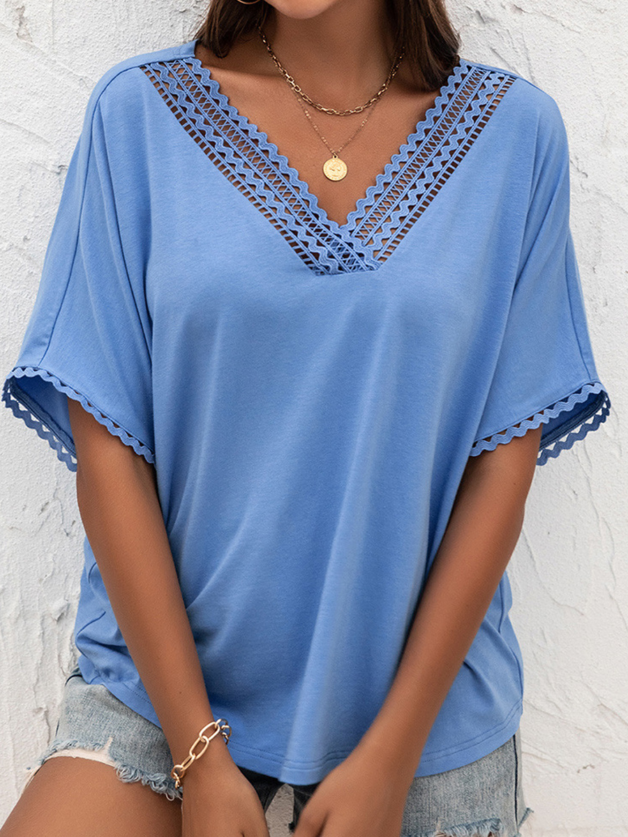 Casual Solid Color Cutout Stitching V Neck Loose Short Sleeved Blouse