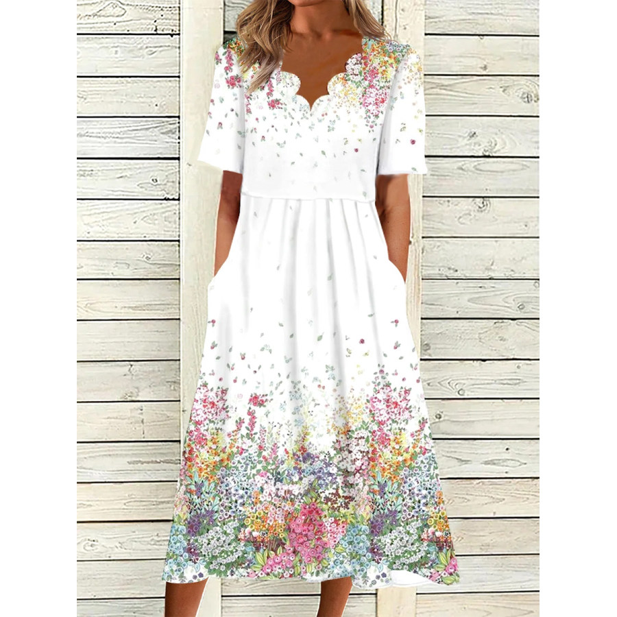 

Vintage Floral Print Short Sleeves V Neck Midi Dress