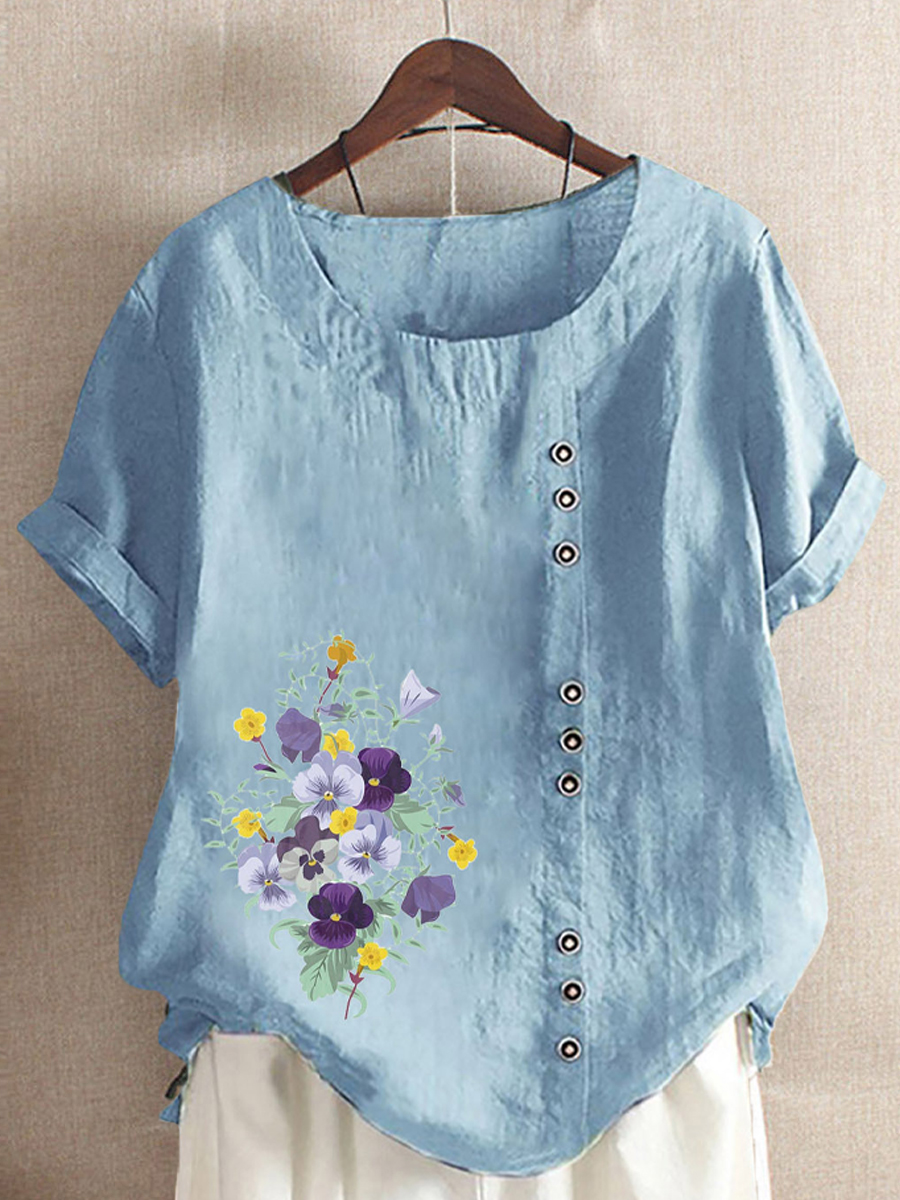Casual Floral Print Crew Neck Short Sleeve Blouse