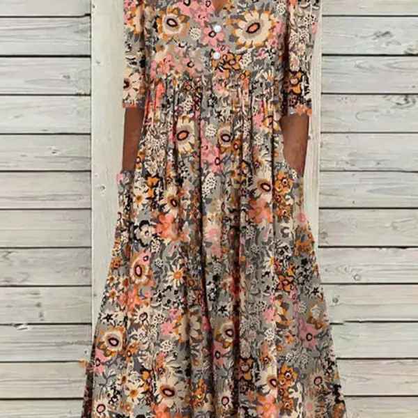 V-neck Casual Loose Floral Print Summer Short Sleeve Midi Dress - Cotosen.com 