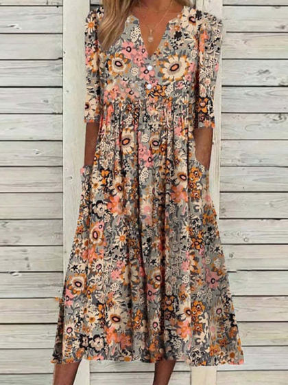 V-neck Casual Loose Floral Print Summer Short Sleeve Midi Dress