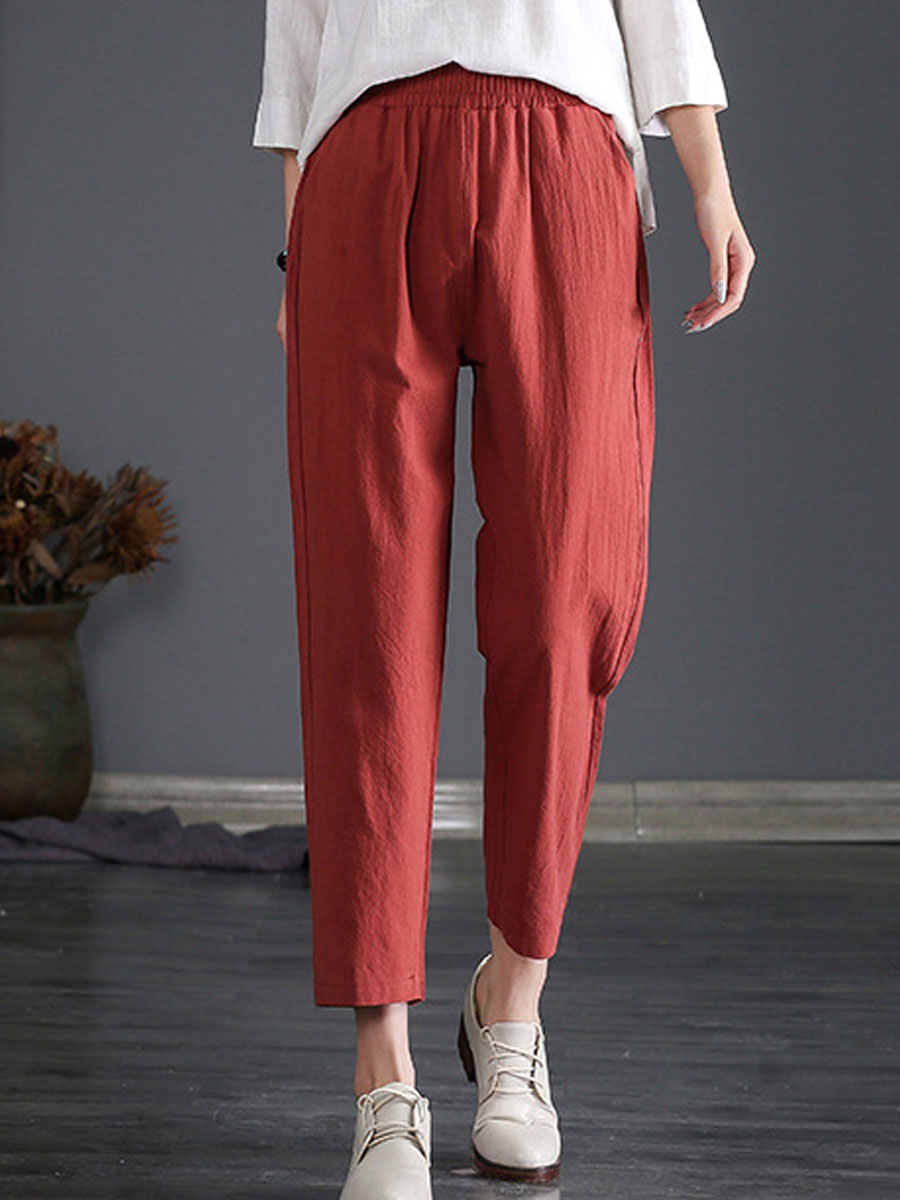 Loose Casual Solid Color Elastic Waist Pants