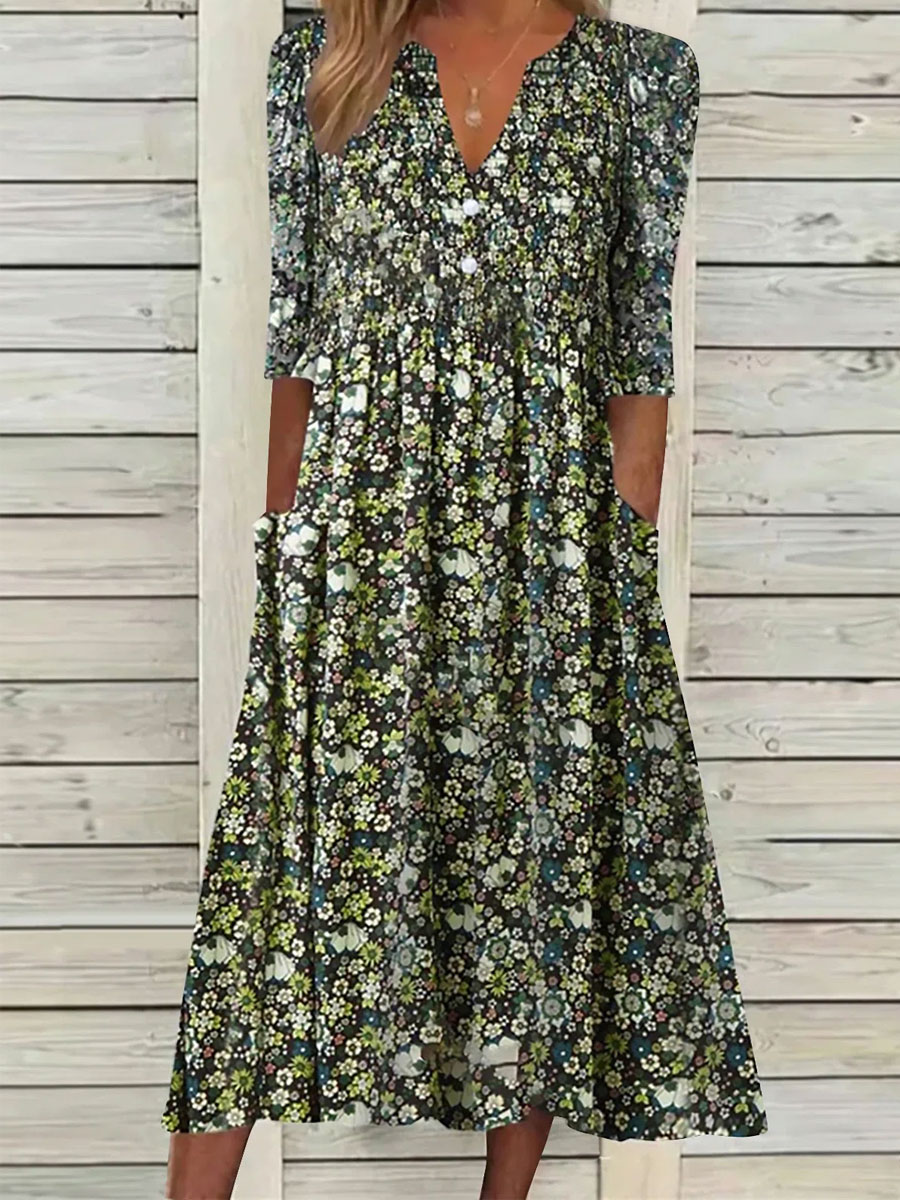 V-neck Casual Loose Floral Print Chic Summer Short Sleev Midi Dress