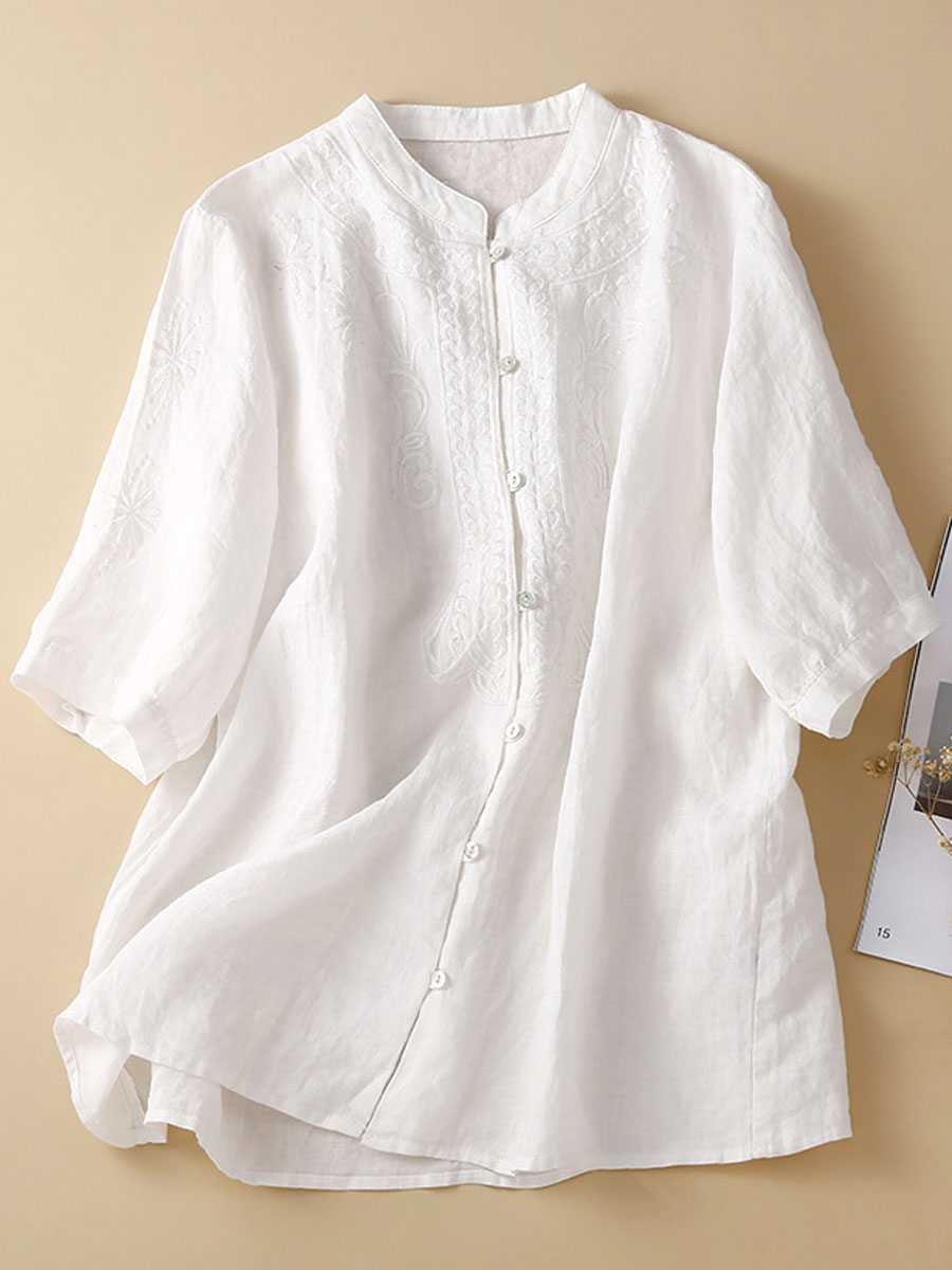 Casual Loose Embroidered Short Sleeve Blouse