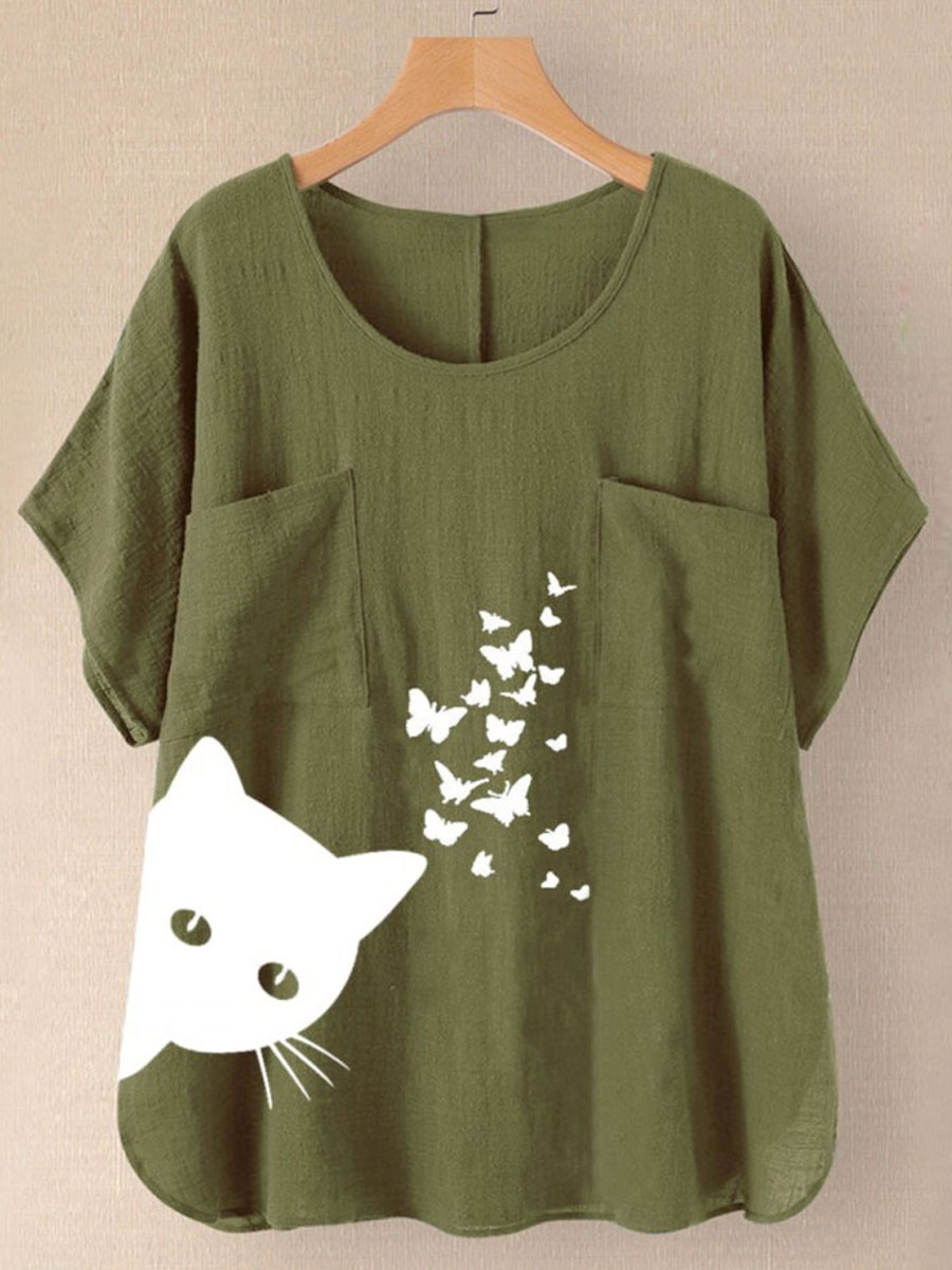 Round Neck Casual Loose Cat Print Short Sleeve Blouse