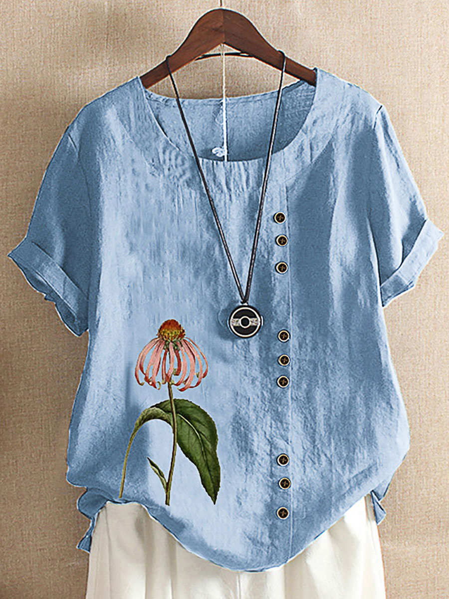 Round Neck Casual Loose Floral Print Short Sleeve Blouse