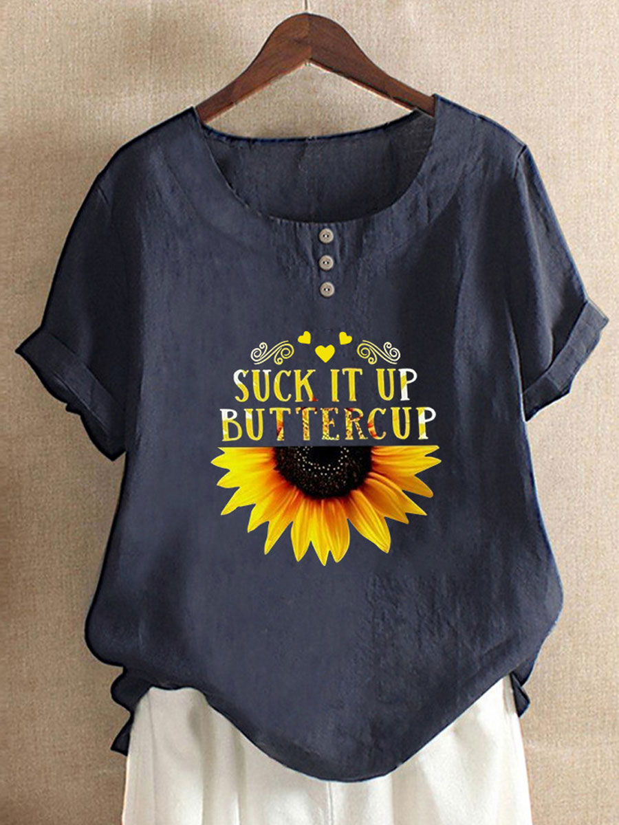 Round Neck Casual Loose Sunflower Print Short Sleeve Blouse