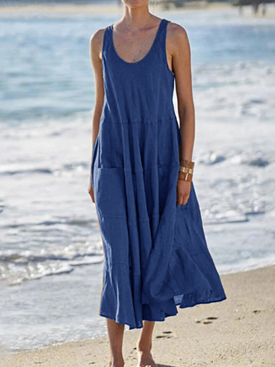 Casual Solid Color Round Neck Sleeveless Beach Midi Dress