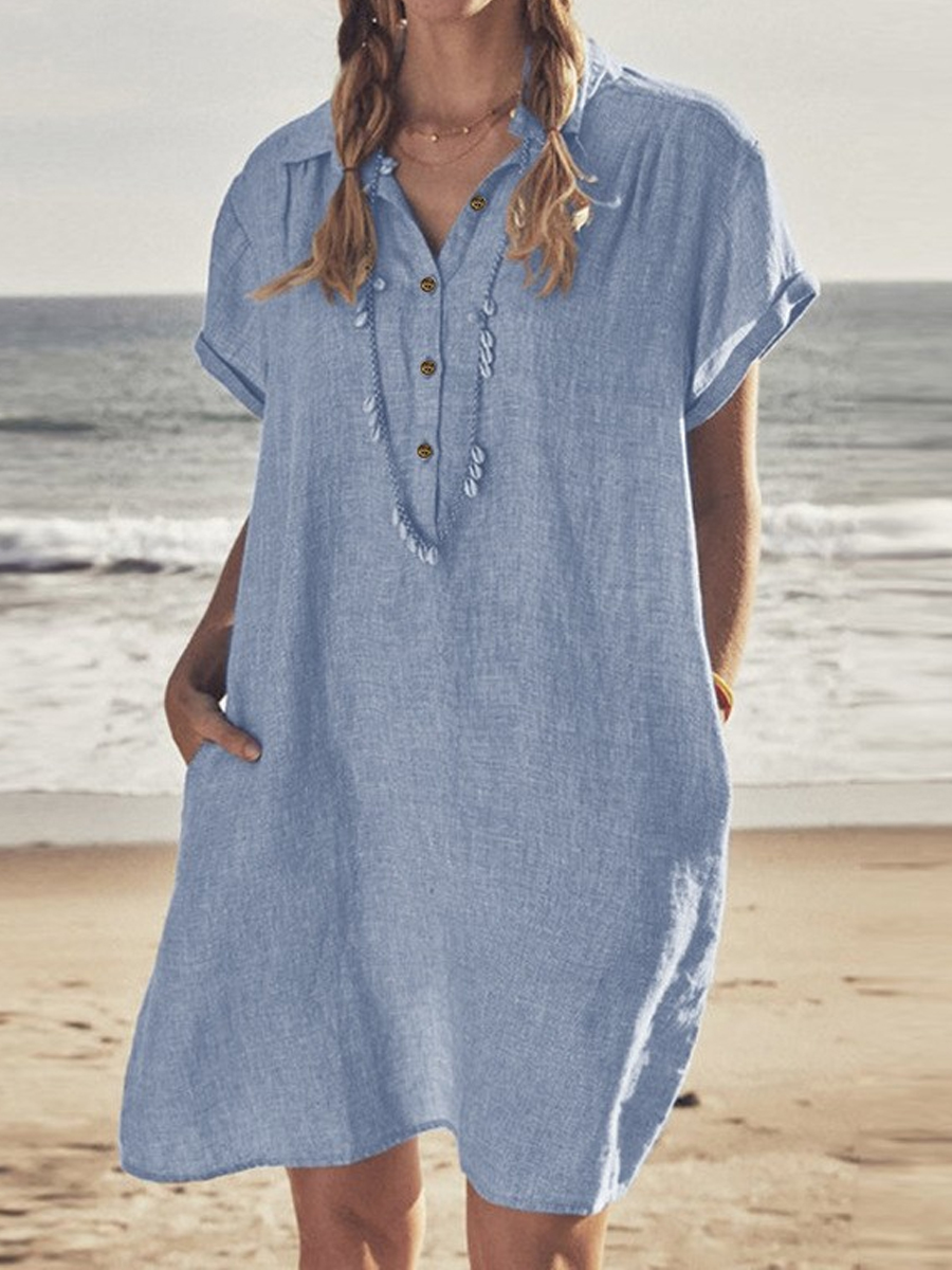 Casual Solid Color Lapel Pocket Short Sleeve Beach Short Dress