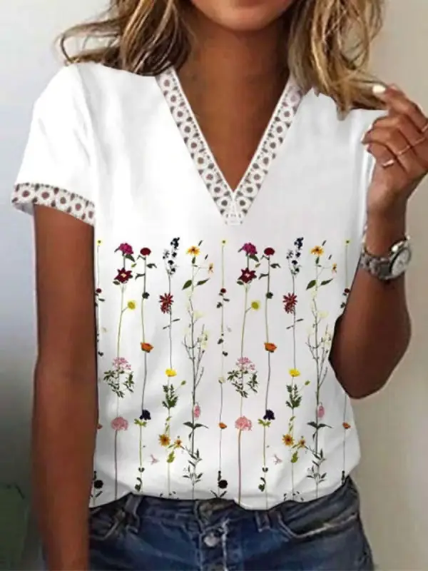 V-neck Cutout Loose Casual Floral Print Short Sleeve T-shirt - Oasisjoy.com 