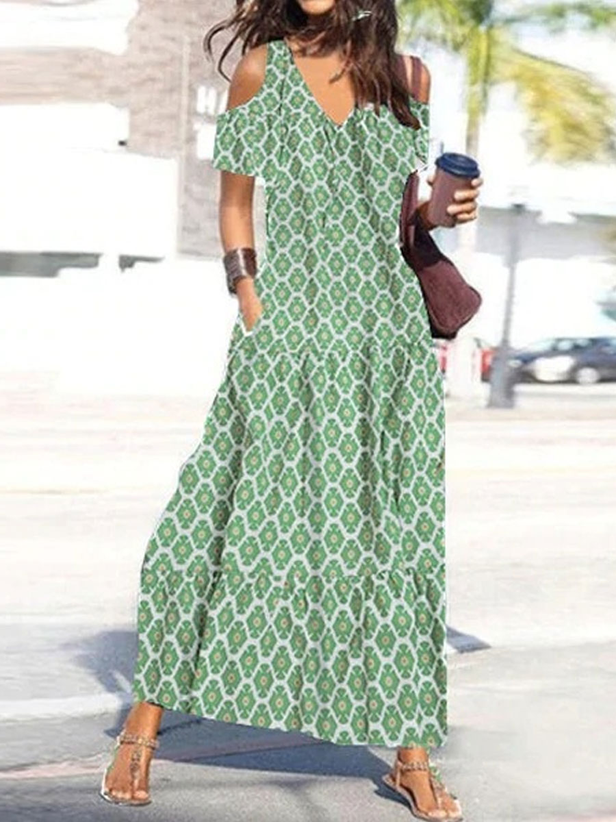 V neck Cutout Casual Loose Geometric Print Short Sleeve Maxi Dress