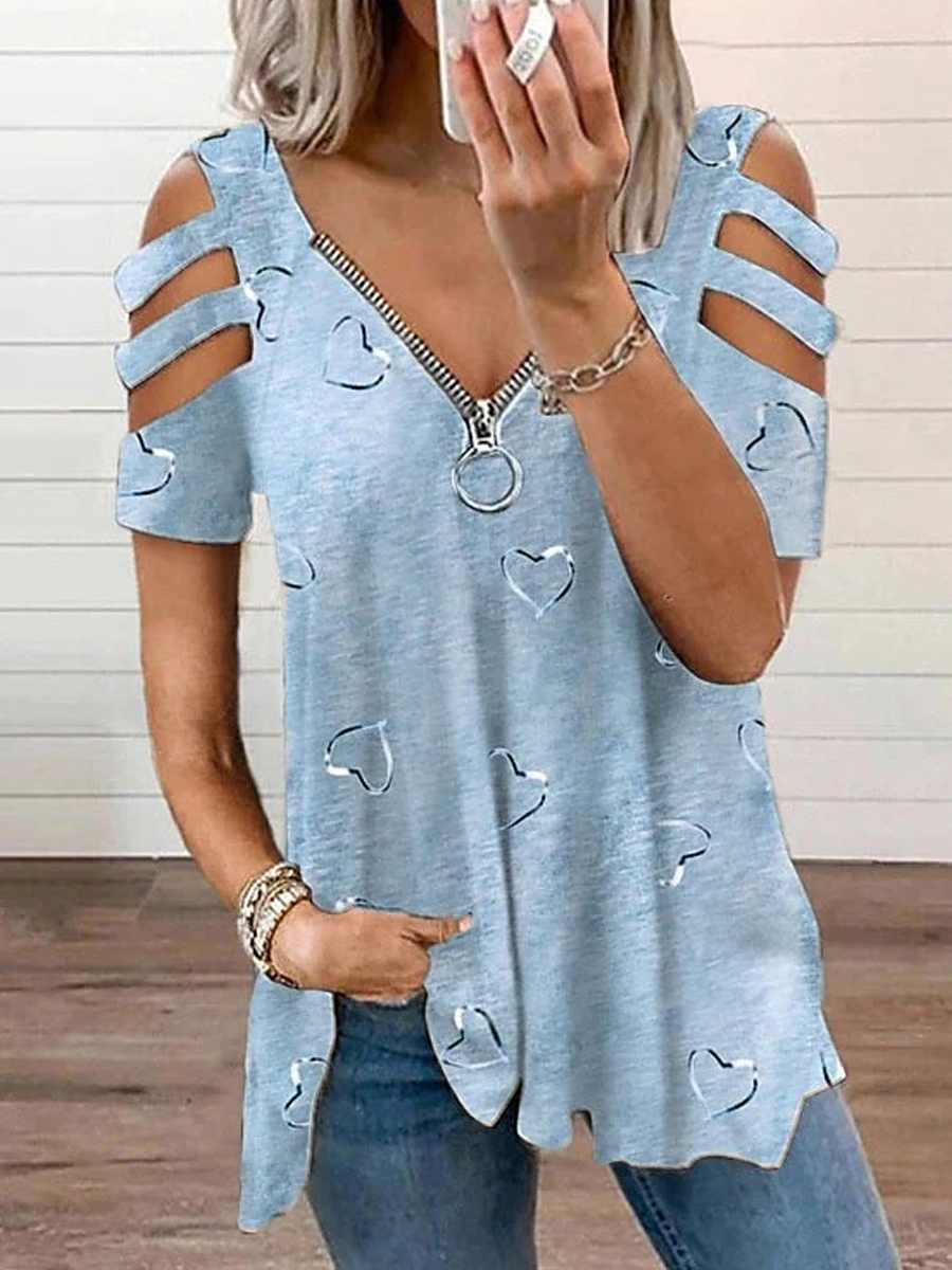 Casual Heart Print V Neck Zip Cutout Off Shoulder Short Sleeve T Shirt