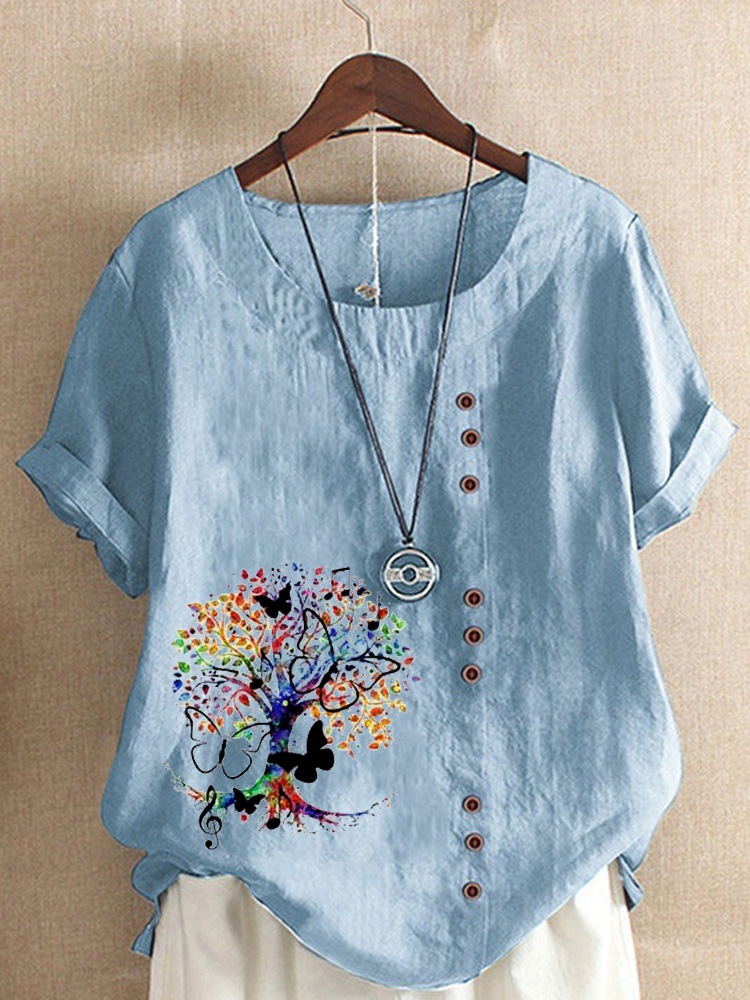 Round Neck Casual Loose Butterfly Print Short Sleeve Blouse