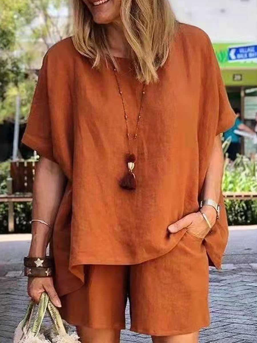 Round Neck Casual Loose Solid Color Short Sleeve Suit