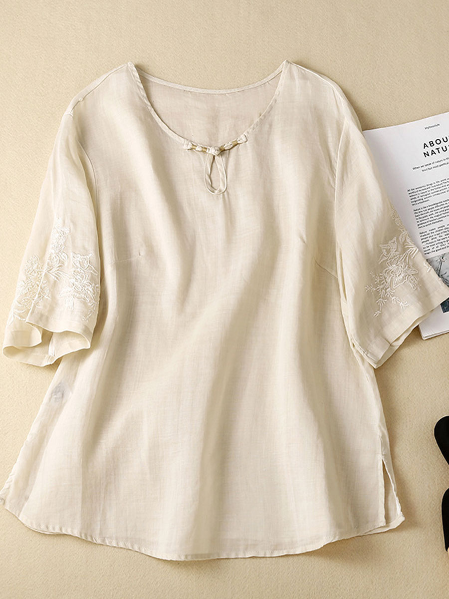 Casual Loose Embroidered Sunscreen Mid Sleeve Blouse