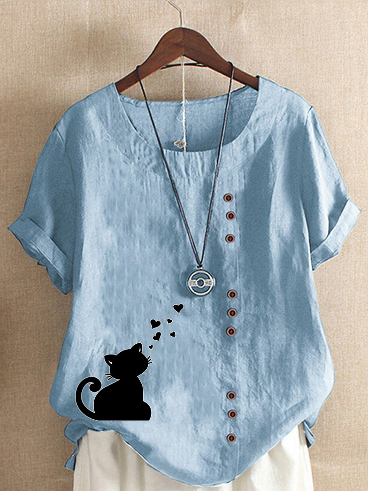 Round Neck Casual Loose Cat Print Short Sleeve Blouse