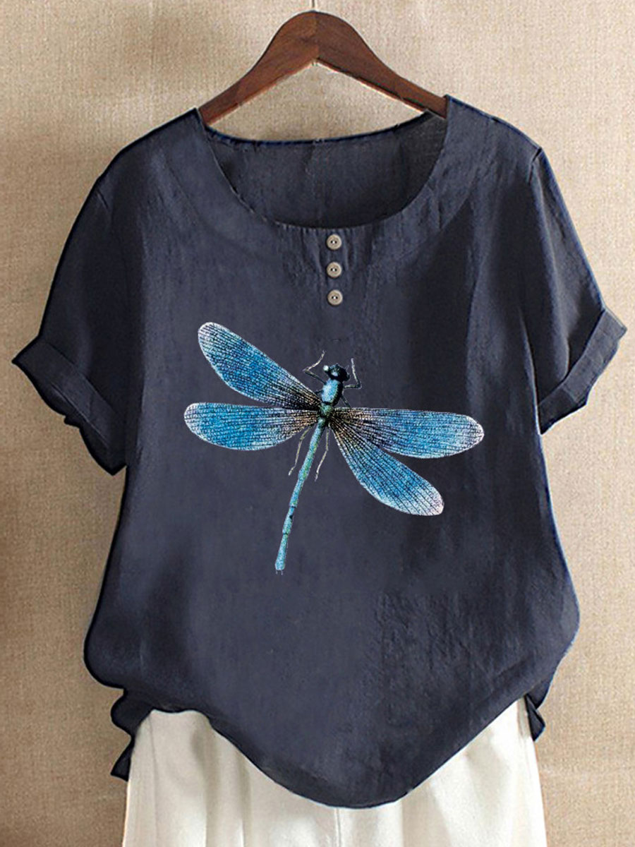Round Neck Casual Loose Dragonfly Print Short Sleeve Blouse