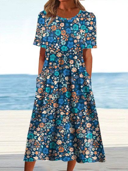 Casual Floral Print Crew Neck Short Sleeve Midi Dress