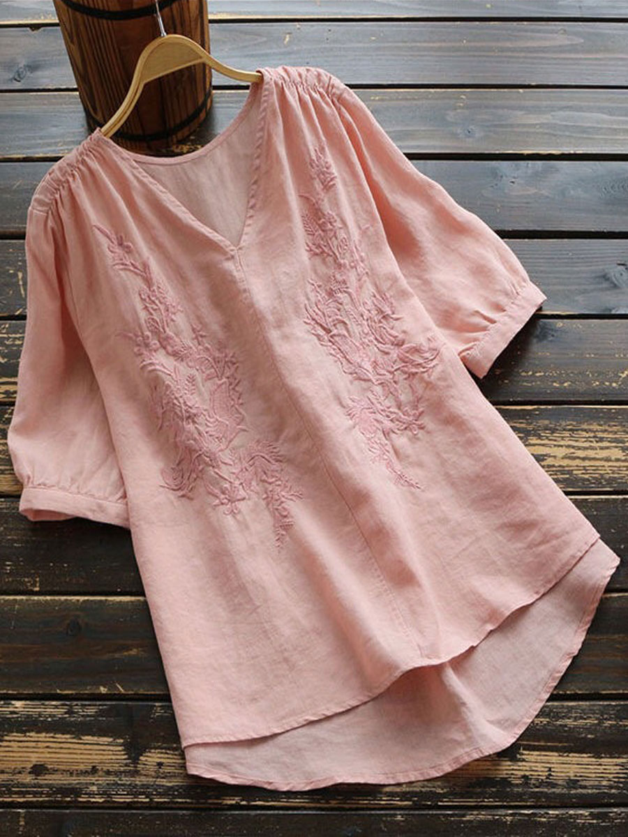 V neck Casual Loose Embroidered Short Sleeve Blouse