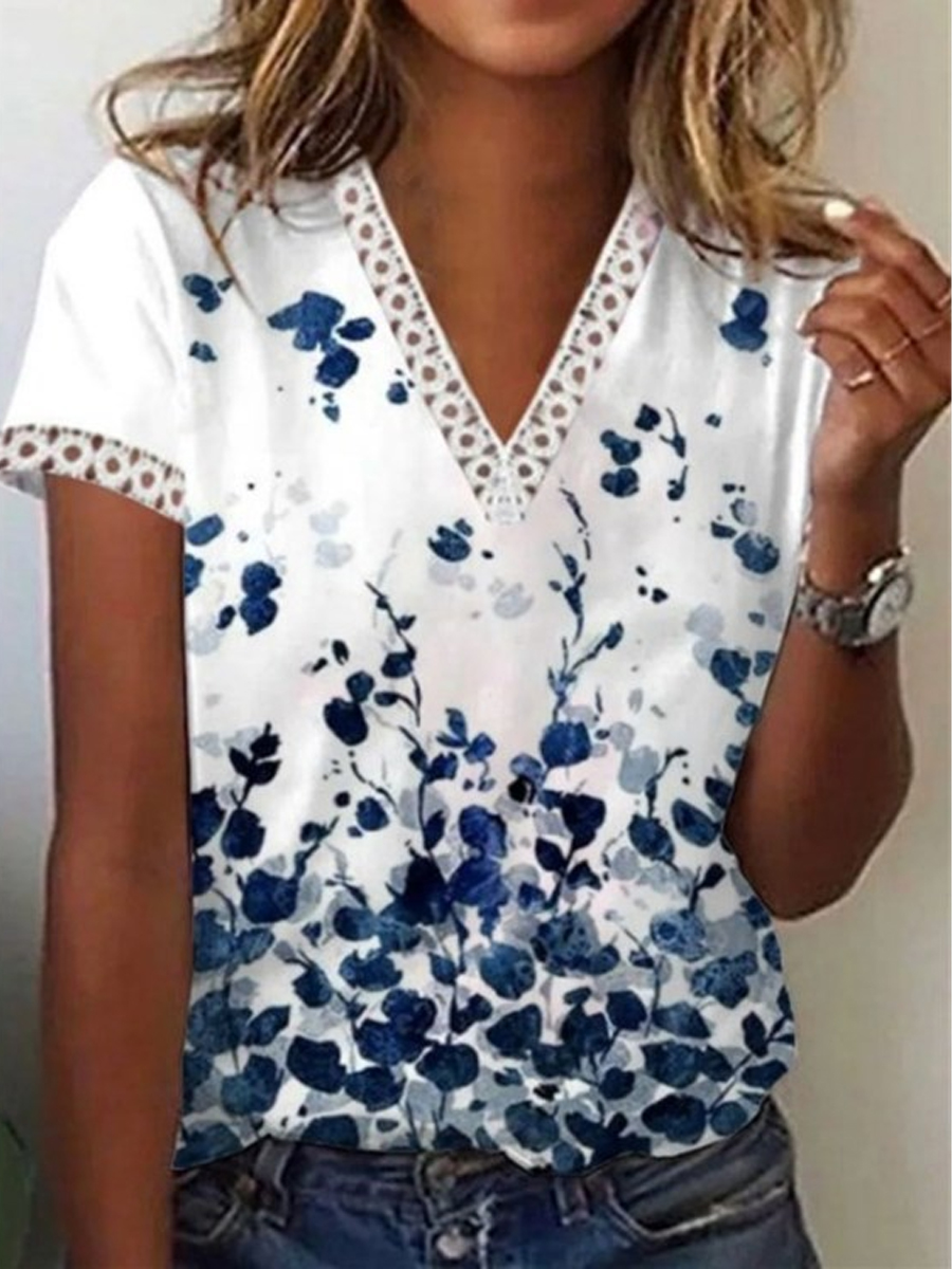 Fashion Casual Printed Lace V Neck Short Sleeve T Shirt