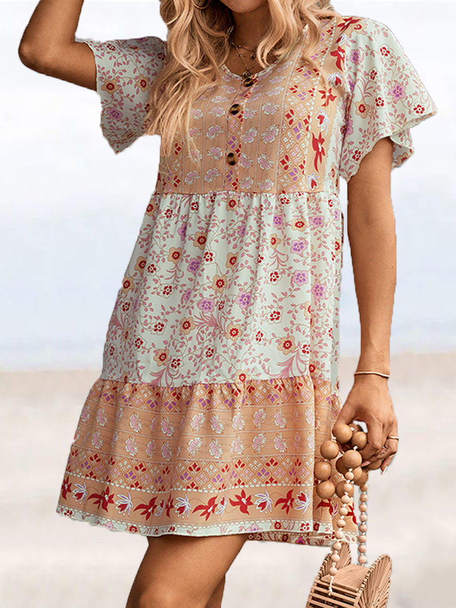 Casual Ethnic Print Button Crew Neck Short Dress