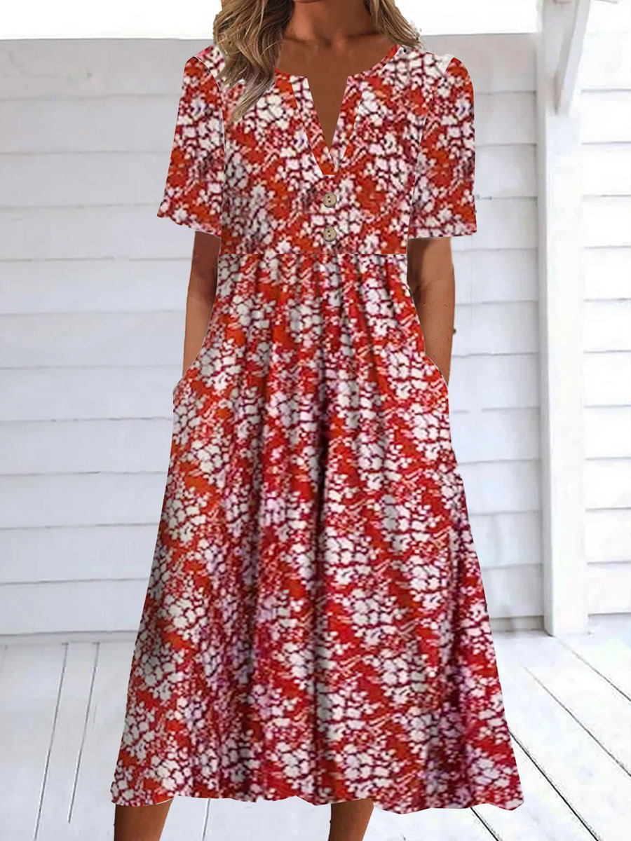 V neck Casual Loose Floral Print Short Sleeve Midi Dress
