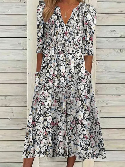 V-neck Casual Loose Floral Print Short Sleeve Midi Dress