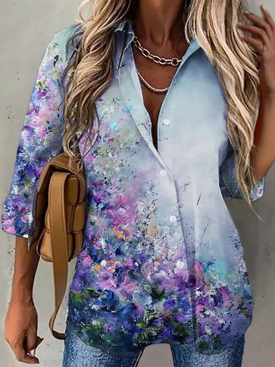 Casual Loose Oil Painting Print Long Sleeve Blouse