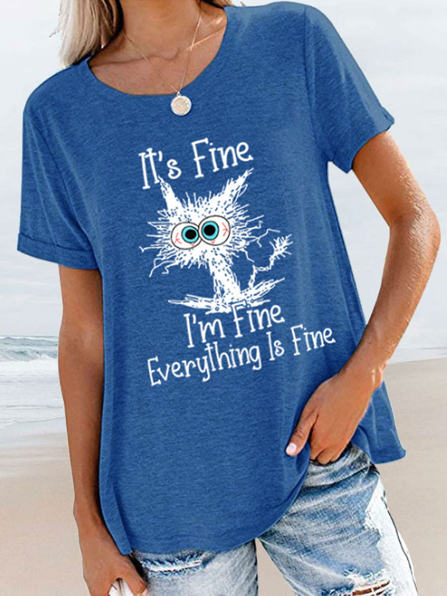 Round Neck Casual Loose Cat Letter Print Short Sleeve T shirt