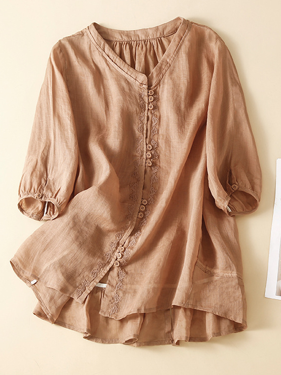 Casual Vintage Embroidered V Neck Half Sleeve Shirt