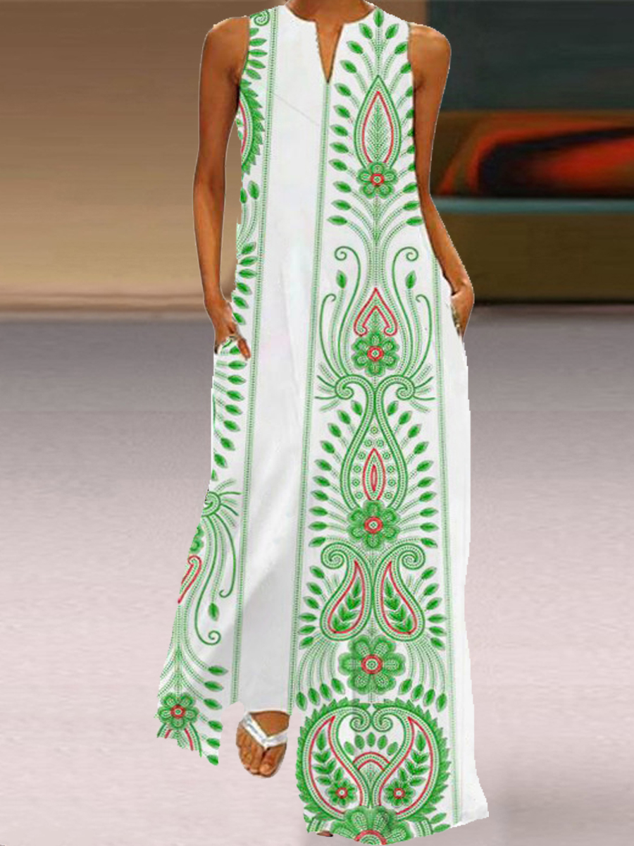 Casual Ethnic Print V Neck Sleeveless Maxi Dress