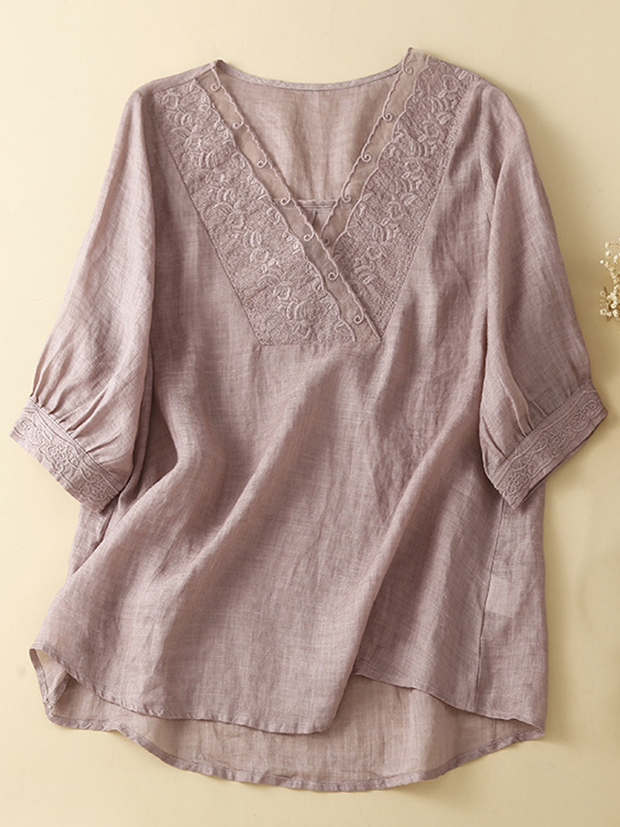 Casual Solid Embroidered Loose V Neck Half Sleeve Blouse