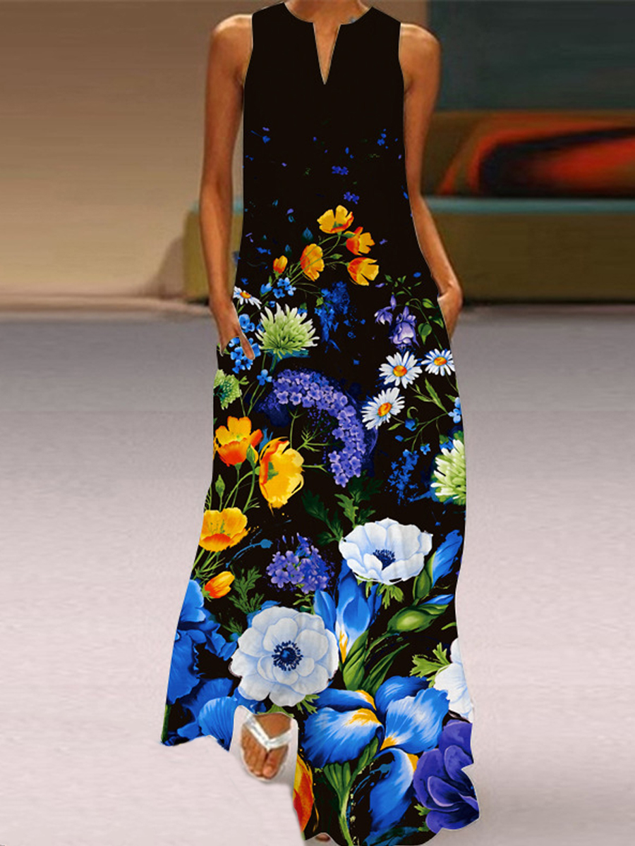 Casual Floral Print V Neck Sleeveless Maxi Dress