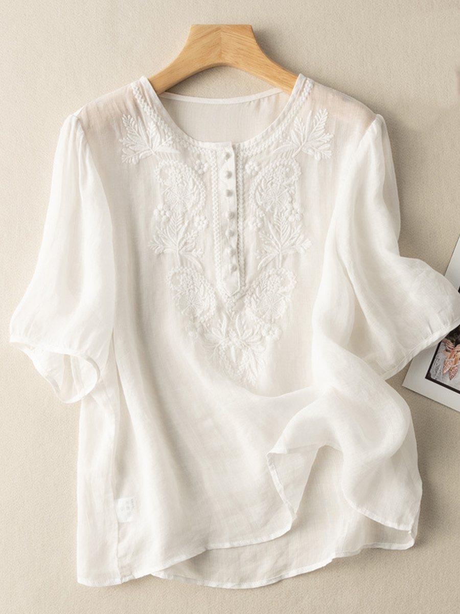 Casual Solid Embroidered Button Crew Neck Short Sleeve Blouse
