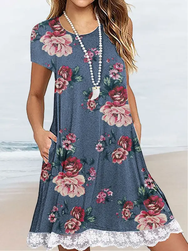 Round Neck Loose Casual Floral Print Short Sleeve Short Dress - Oasisjoy.com 