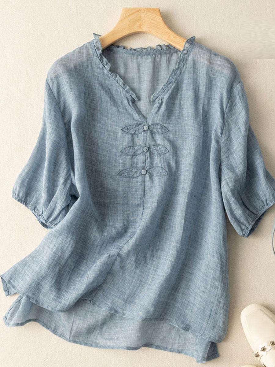 V neck Loose Casual Embroidered Short Sleeve Blouse