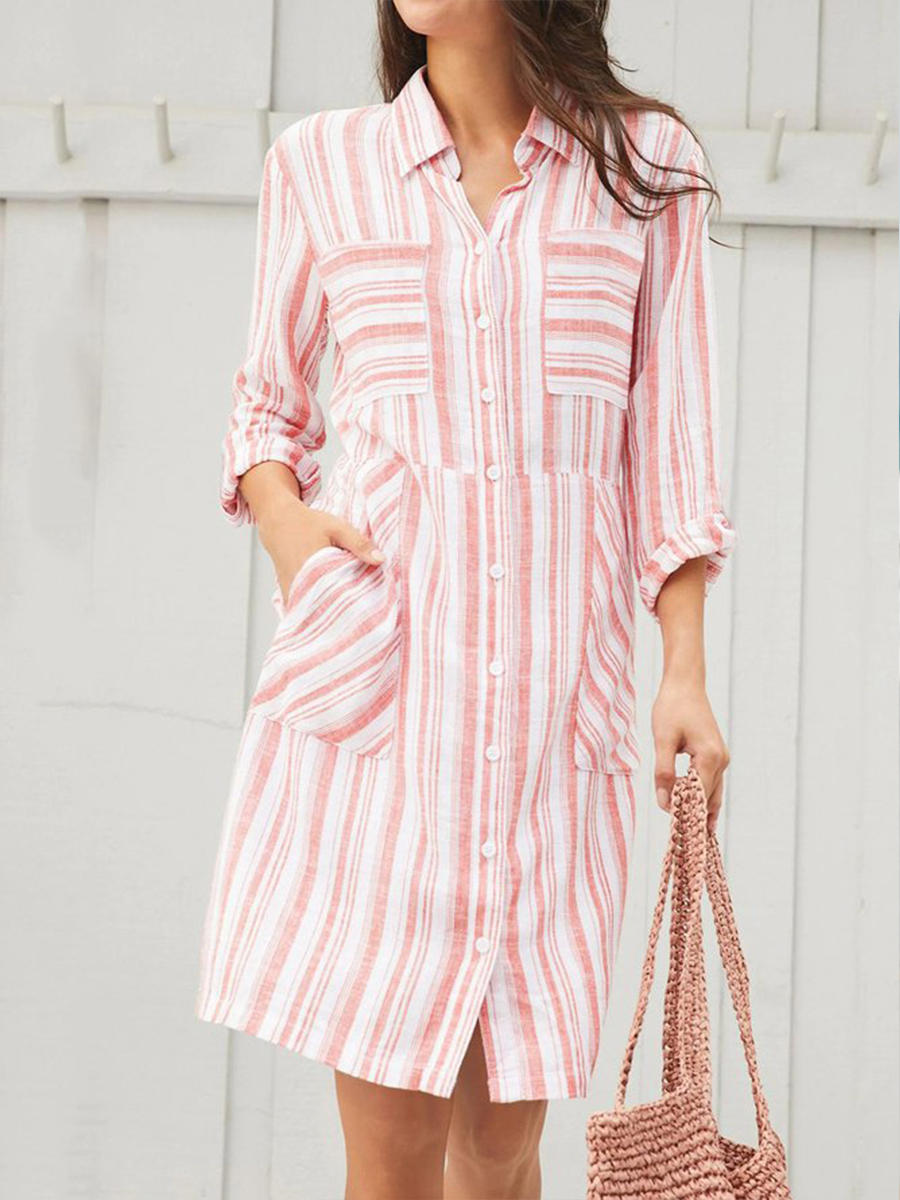 Summer Pocket Loosen Striped Casual Long Sleeve Dress