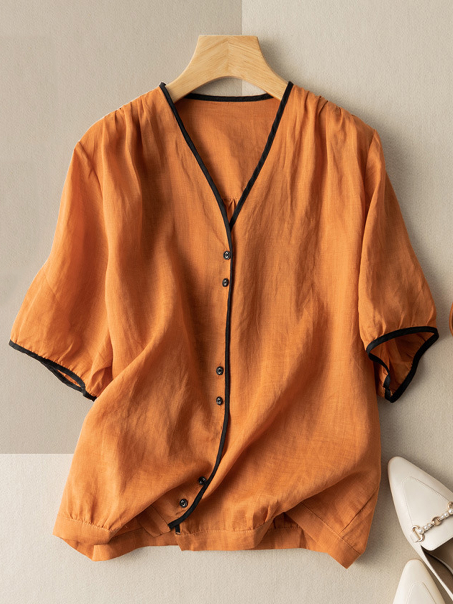 Vintage Loose Solid Color V Neck Short Sleeve Shirt