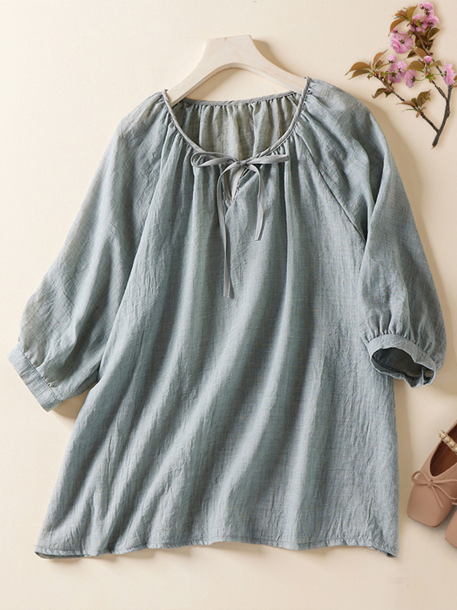 Casual Loose Solid Color Tie Up Round Neck Three Quarter Sleeves Blouse