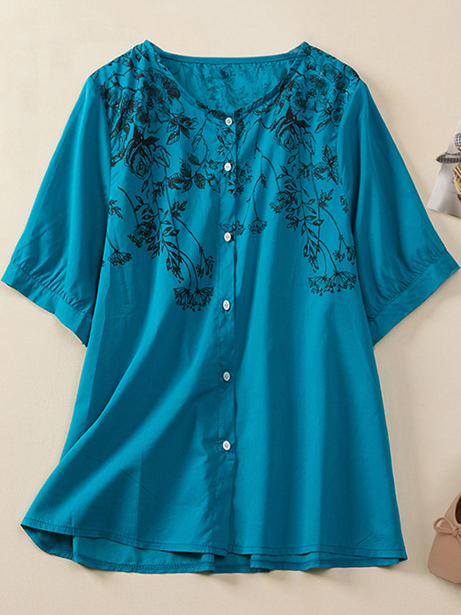Vintage Casual Floral Print Crew Neck Half Sleeve Shirt