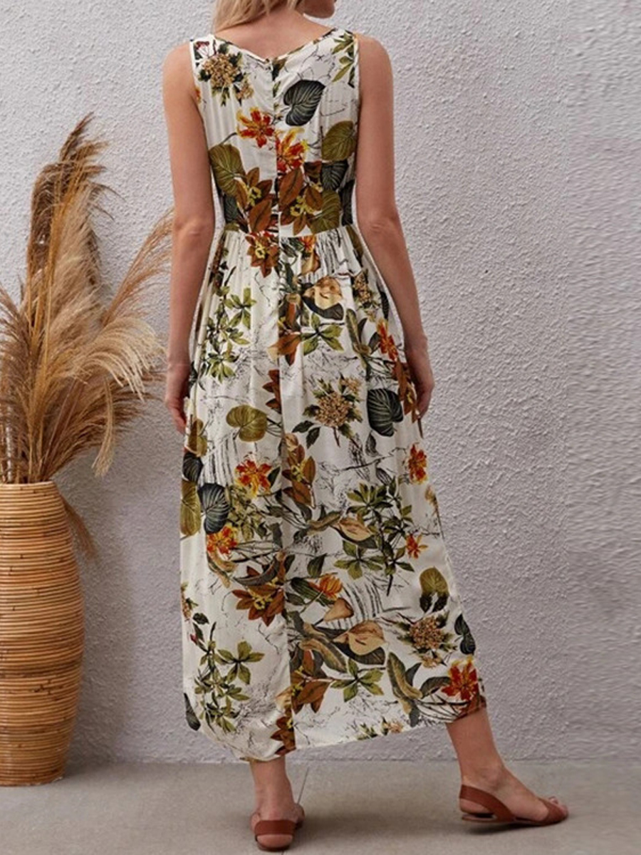 Casual Floral Print Resort Crew Neck Sleeveless Midi Dress