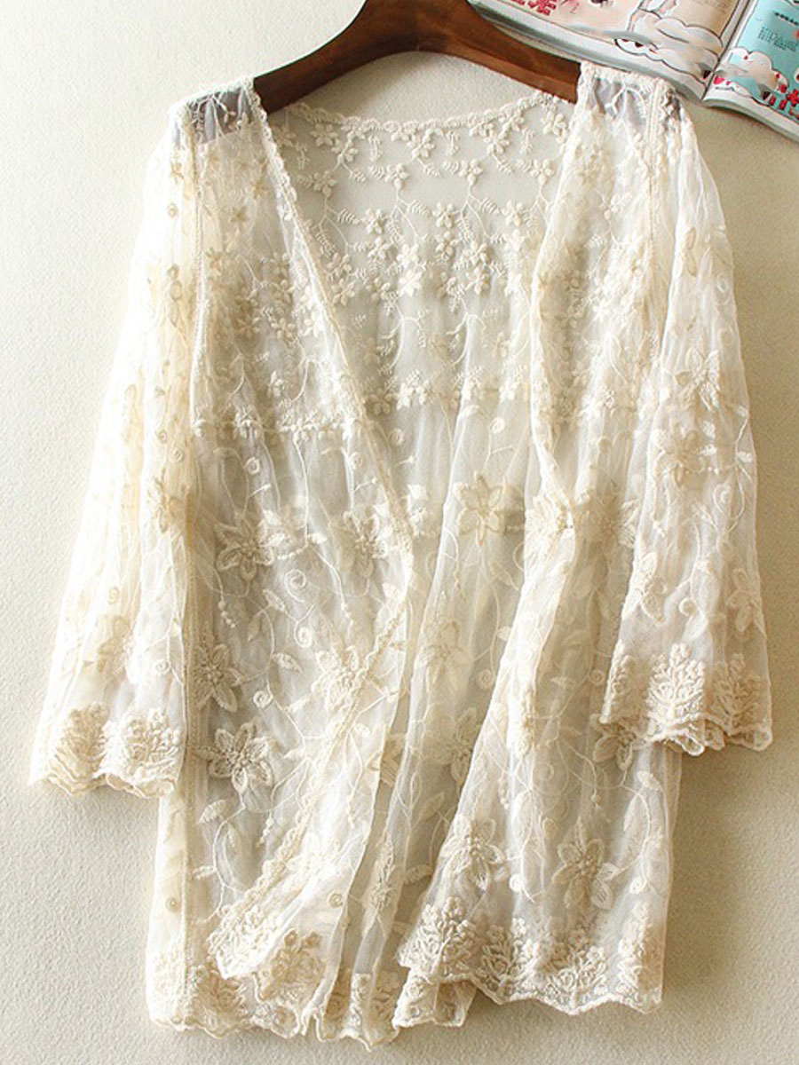 Loose Embroidered Lace Cutout Sunscreen Long Sleeve Blouse