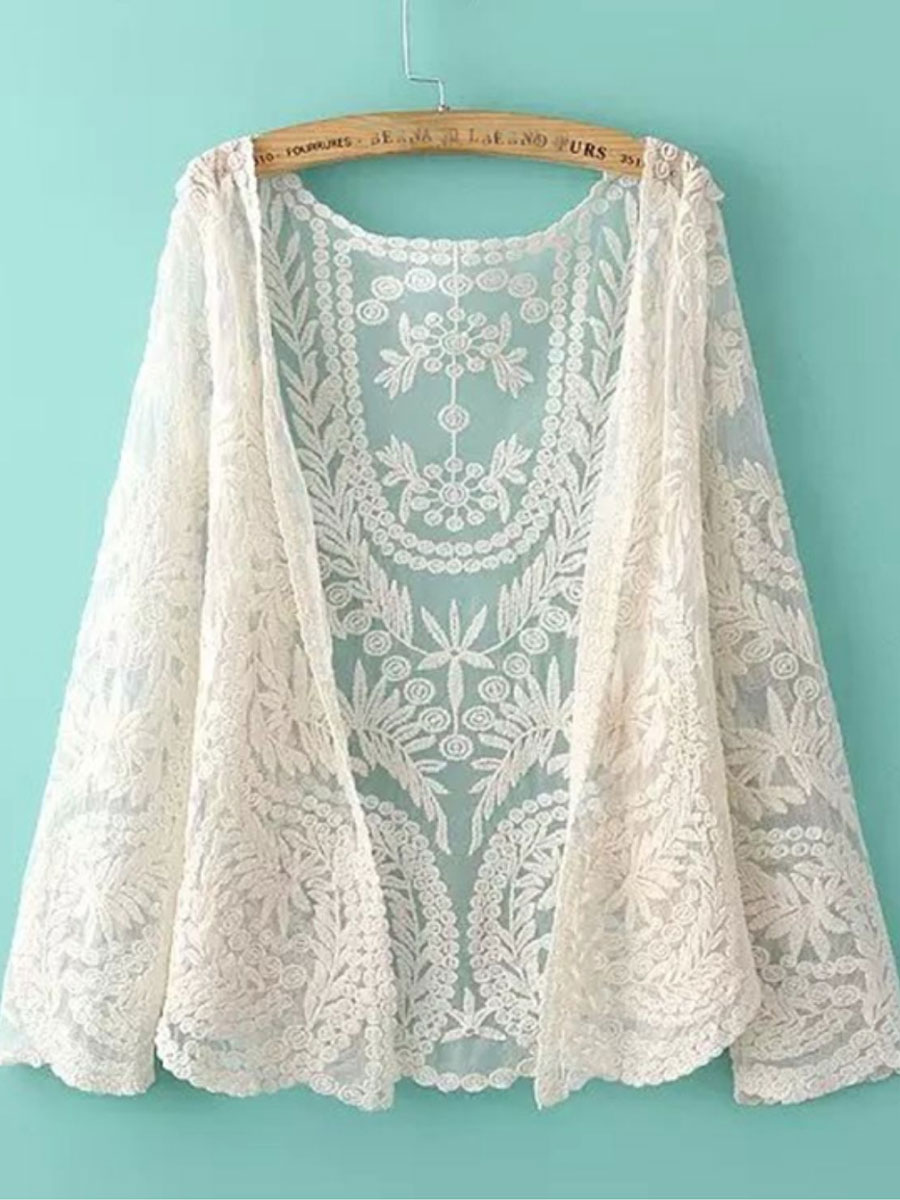 Loose Casual Lace Hollow Out Sunscreen Holiday Long Sleeve Blouse